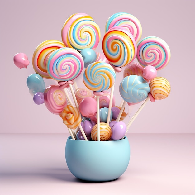 Photo 3d rendered pastel delicious lollipops in a pot on colorful background