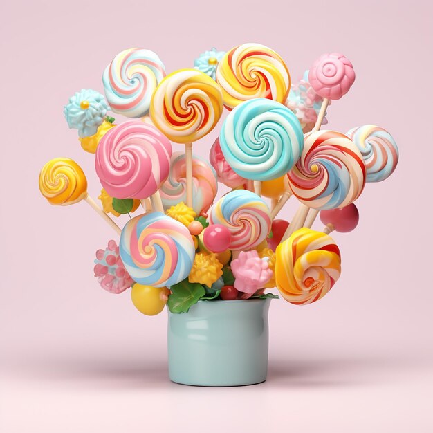 Photo 3d rendered pastel delicious lollipops in a pot on colorful background