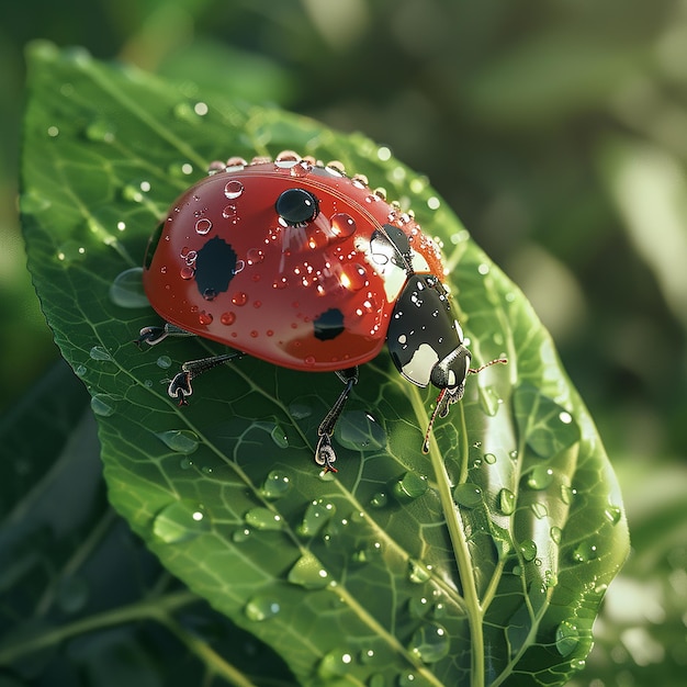 3d rendered phot of Spotted ladybug crawls on dewy green leaf