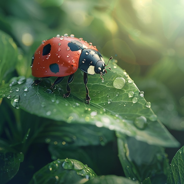 3d rendered phot of Spotted ladybug crawls on dewy green leaf