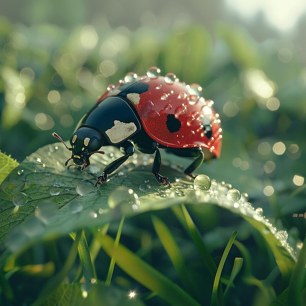 Photo 3d rendered phot of spotted ladybug crawls on dewy green leaf