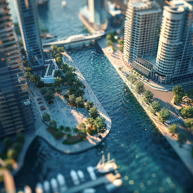 Photo 3d rendered photo of aerial view on city by water