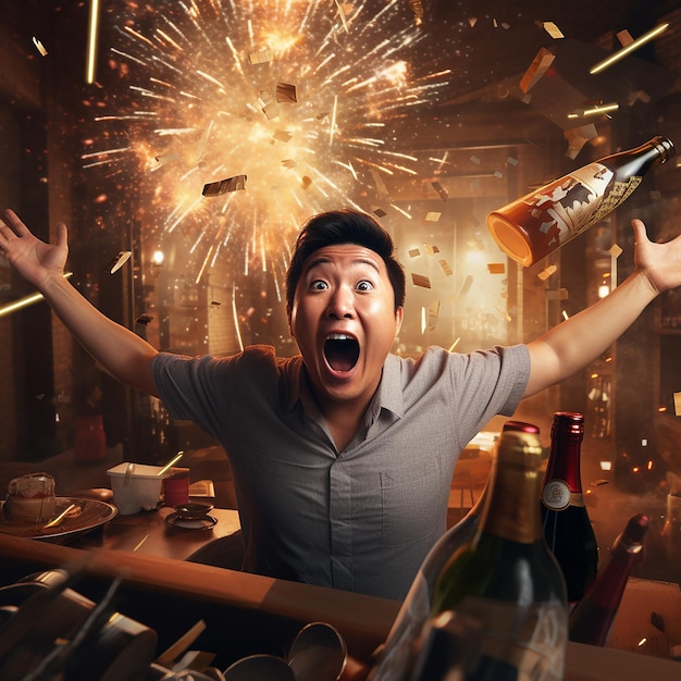 3d rendered photo of Asian person celebrating new years eve