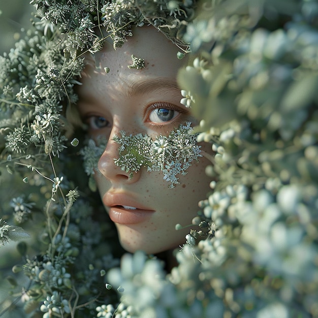 Photo 3d rendered photo of beautiful girl lichen flowers