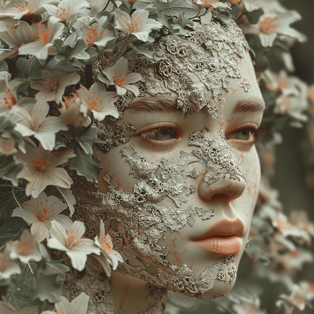 3d rendered photo of beautiful girl Lichen Flowers