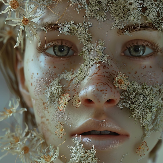 Photo 3d rendered photo of beautiful girl lichen flowers