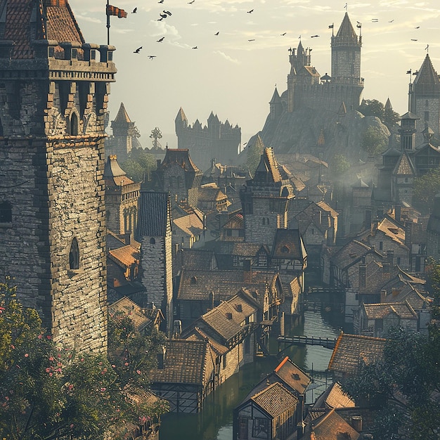 Photo 3d rendered photo of beautiful medieval fantasy landscape with city