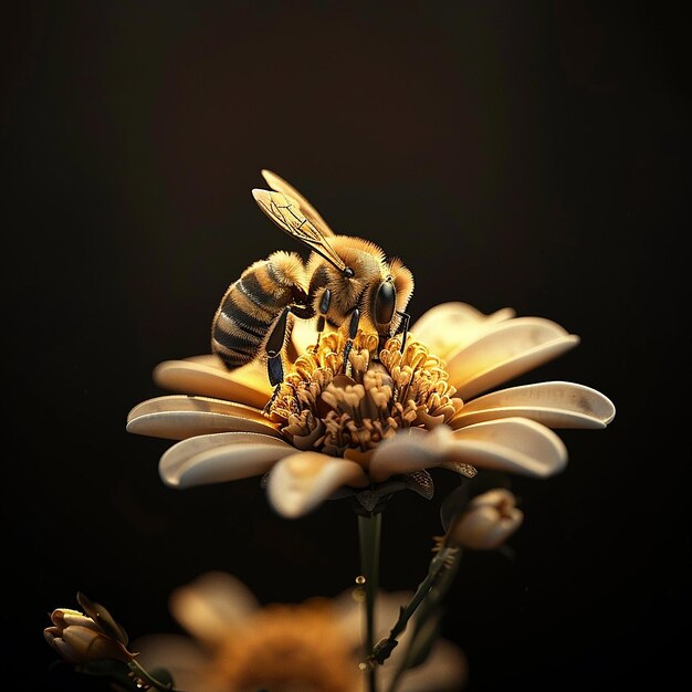 Photo 3d rendered photo of a bee on a flower with a black background