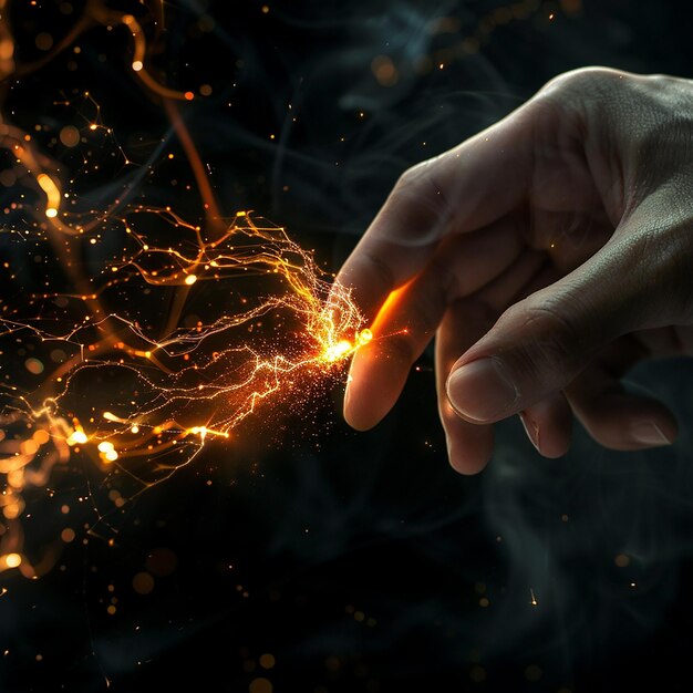 3d rendered photo of black background with two fingers touching one another creating spark