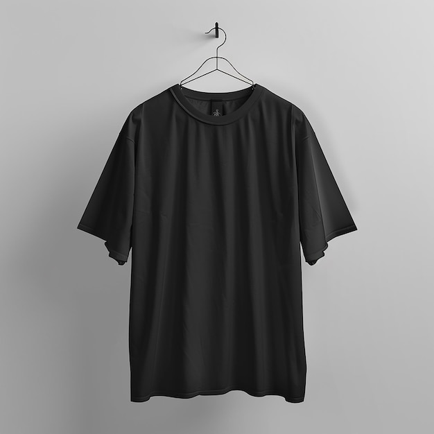 3d rendered photo of a black t shirt is hanging on a hanger with plain background