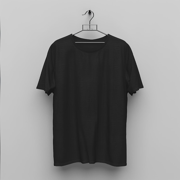 3d rendered photo of a black t shirt is hanging on a hanger with plain background