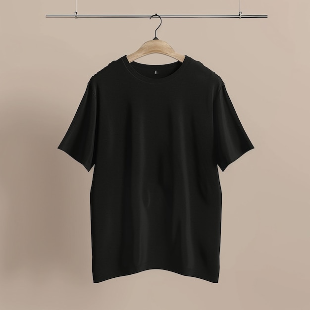 3d rendered photo of a black t shirt is hanging on a hanger with plain background