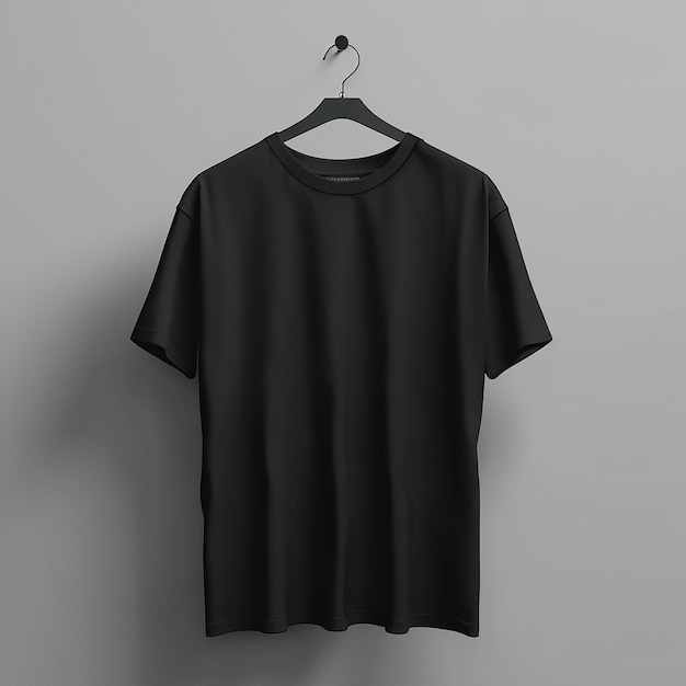 Photo 3d rendered photo of a black t shirt is hanging on a hanger with plain background