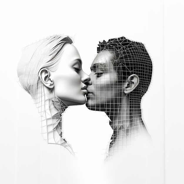 3d rendered photo of Black and white kissing portrait of couple