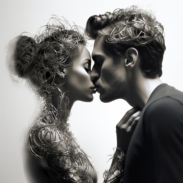 3d rendered photo of Black and white kissing portrait of couple