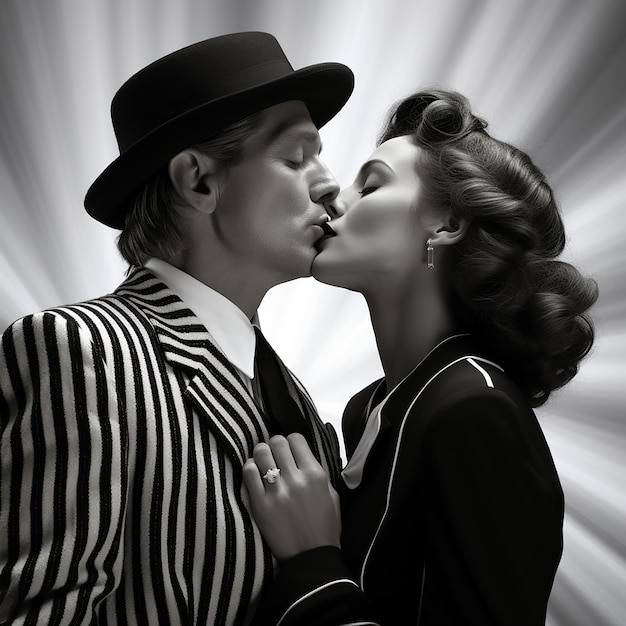 3d rendered photo of Black and white kissing portrait of couple