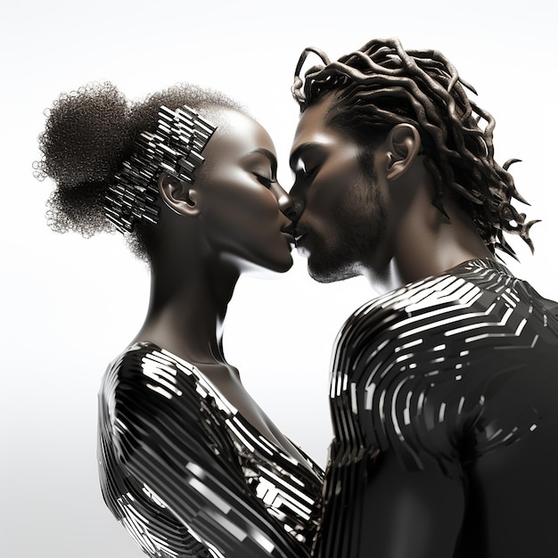 3d rendered photo of Black and white kissing portrait of couple