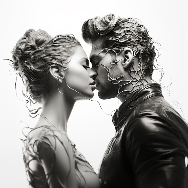 3d rendered photo of Black and white kissing portrait of couple