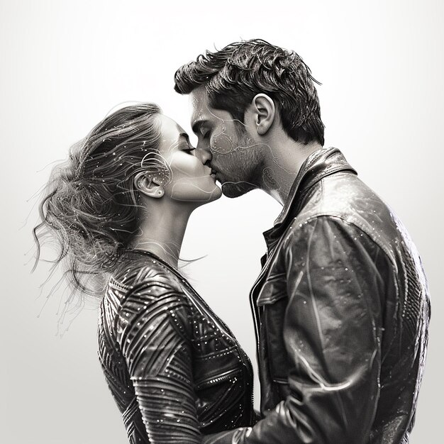 3d rendered photo of Black and white kissing portrait of couple