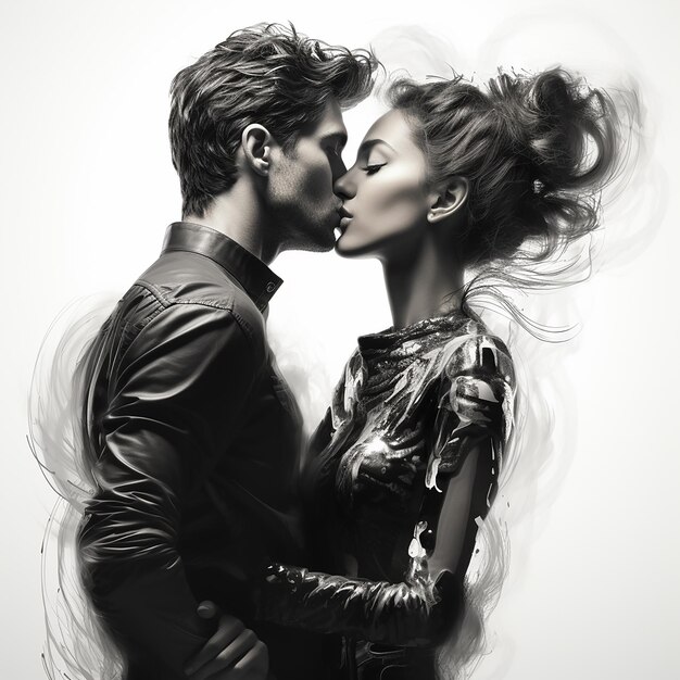 3d rendered photo of Black and white kissing portrait of couple