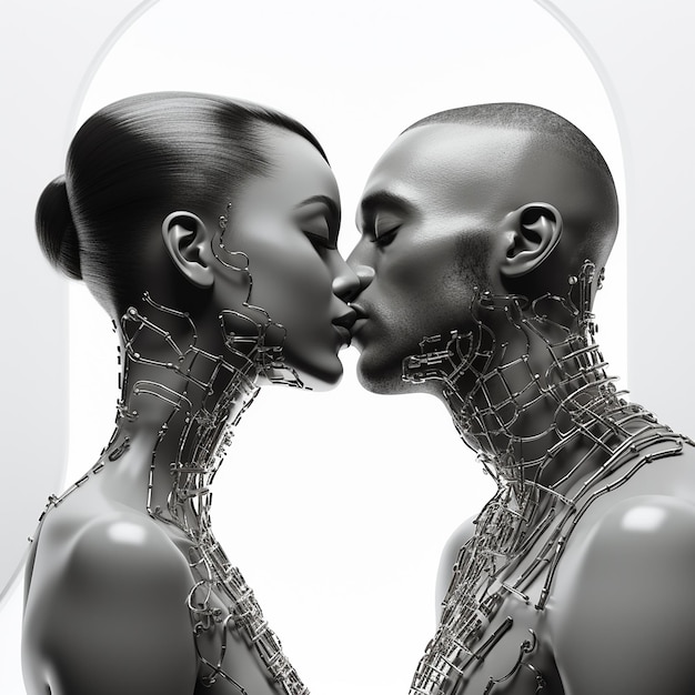 3d rendered photo of Black and white kissing portrait of couple