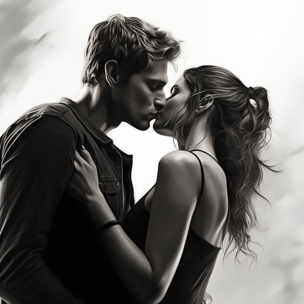 3d rendered photo of Black and white kissing portrait of couple