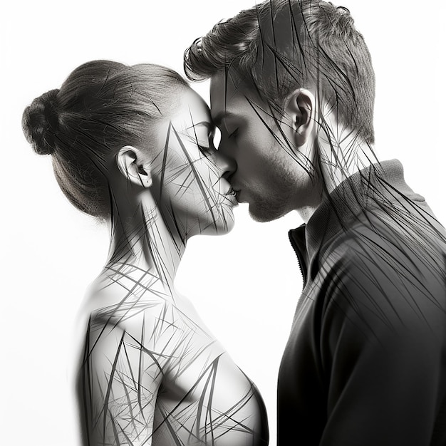 3d rendered photo of Black and white kissing portrait of couple