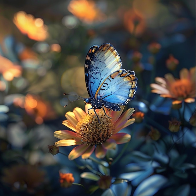 3d rendered photo of A blue butterfly is on a flower with the butterfly on it