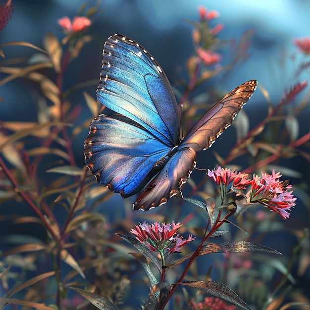 3d rendered photo of A blue butterfly is on a flower with the butterfly on it