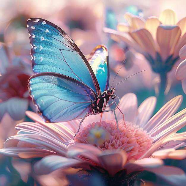 3d rendered photo of A blue butterfly is on a flower with the butterfly on it