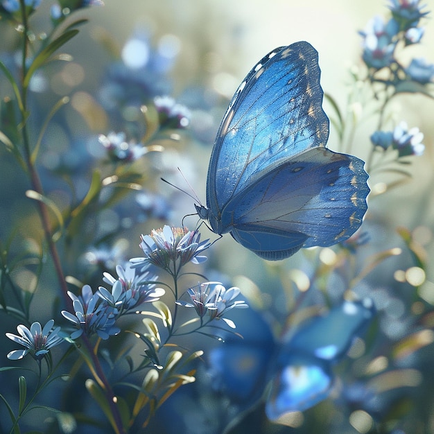 3d rendered photo of A blue butterfly is on a flower with the butterfly on it