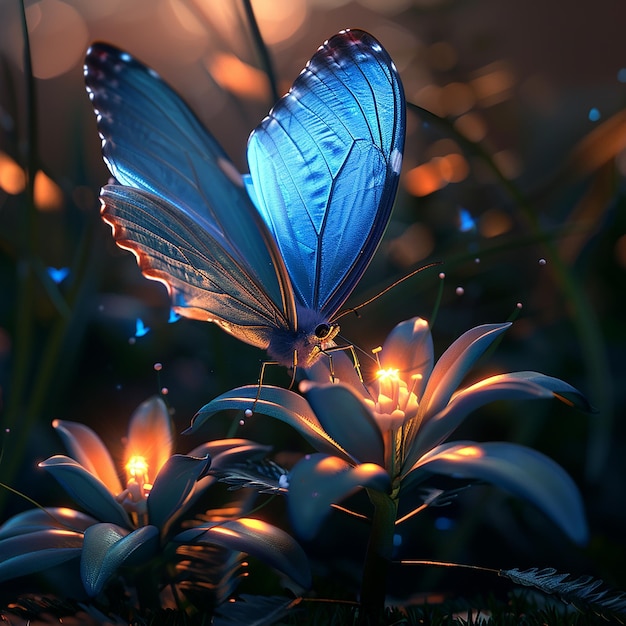 3d rendered photo of A blue butterfly is on a flower with the butterfly on it