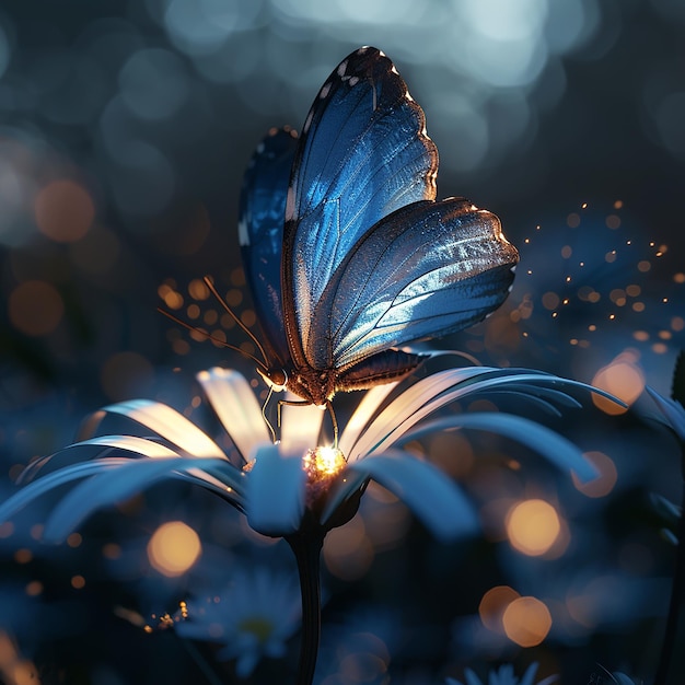 3d rendered photo of A blue butterfly is on a flower with the butterfly on it