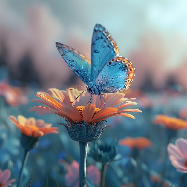 3d rendered photo of A blue butterfly is on a flower with the butterfly on it