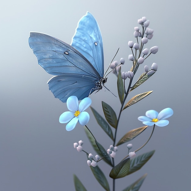 3d rendered photo of A blue butterfly is on a flower with the butterfly on it