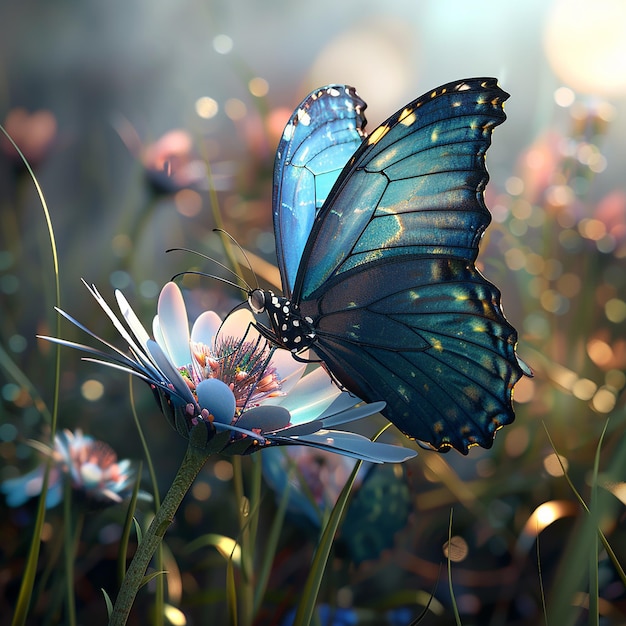 3d rendered photo of A blue butterfly is on a flower with the butterfly on it