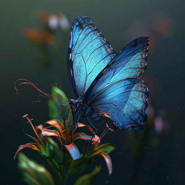 3d rendered photo of A blue butterfly is on a flower with the butterfly on it