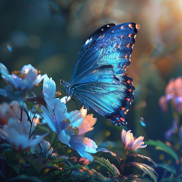 3d rendered photo of A blue butterfly is on a flower with the butterfly on it