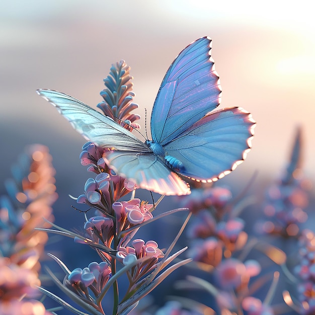 3d rendered photo of A blue butterfly is on a flower with the butterfly on it