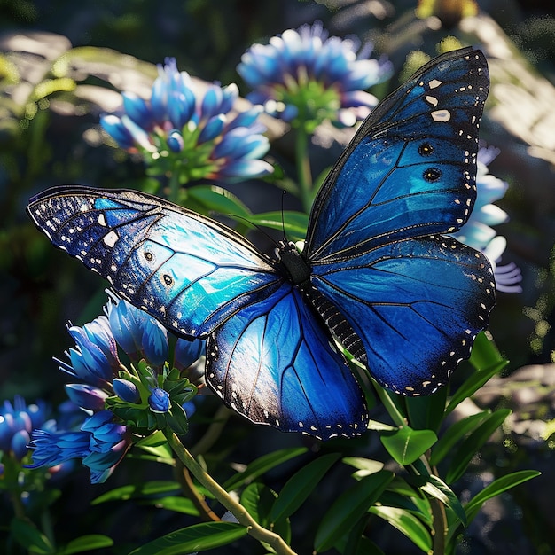 3d rendered photo of A blue butterfly is on a flower with the butterfly on it