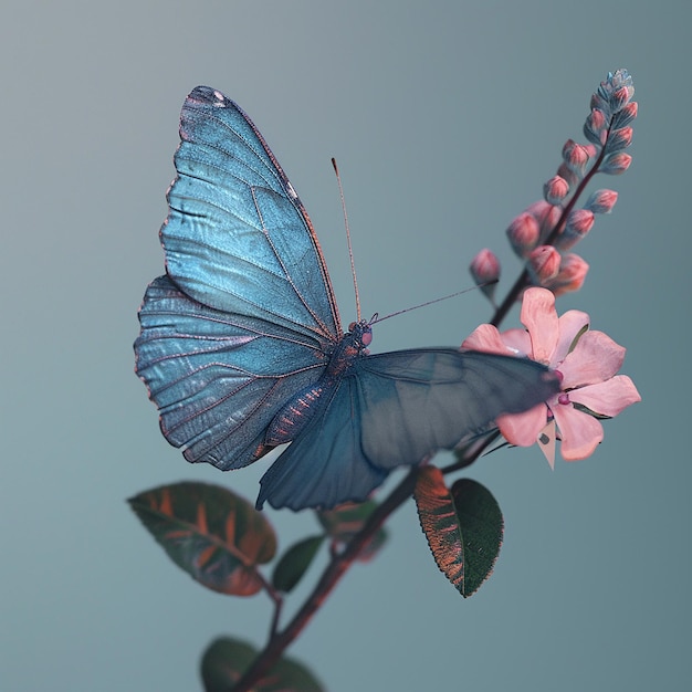 3d rendered photo of A blue butterfly is on a flower with the butterfly on it