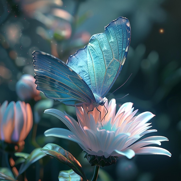 3d rendered photo of A blue butterfly is on a flower with the butterfly on it