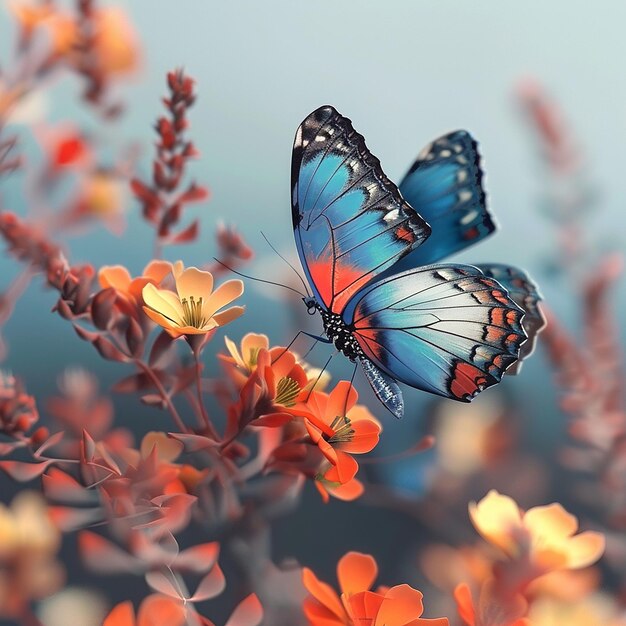 3d rendered photo of A blue butterfly is on a flower with the butterfly on it