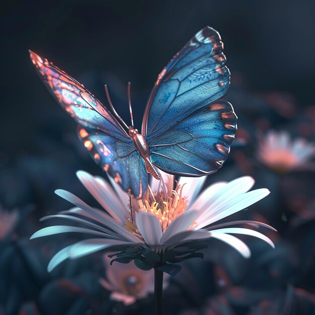 3d rendered photo of A blue butterfly is on a flower with the butterfly on it