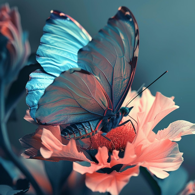 3d rendered photo of A blue butterfly is on a flower with the butterfly on it