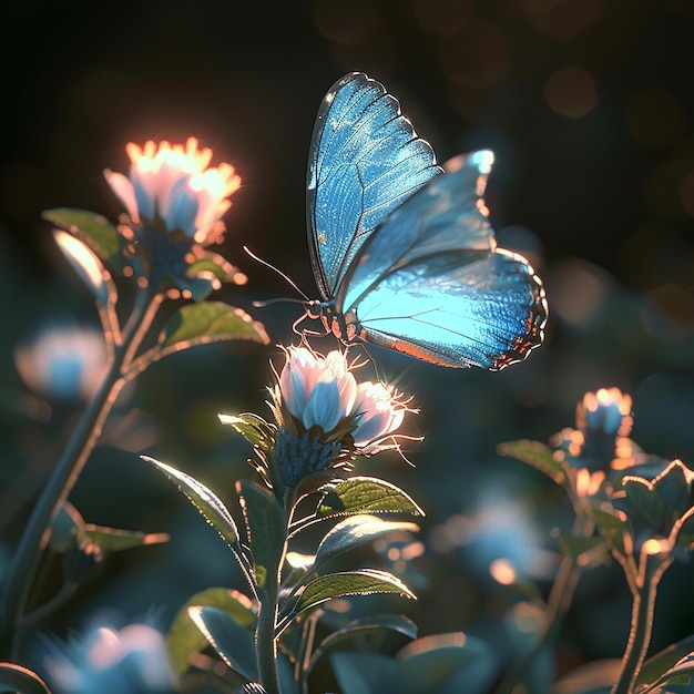 3d rendered photo of A blue butterfly is on a flower with the butterfly on it