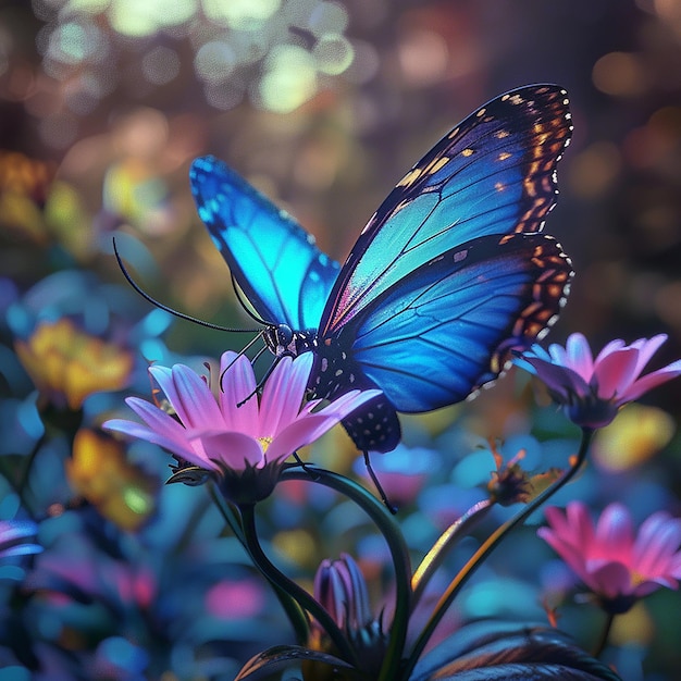 3d rendered photo of A blue butterfly is on a flower with the butterfly on it