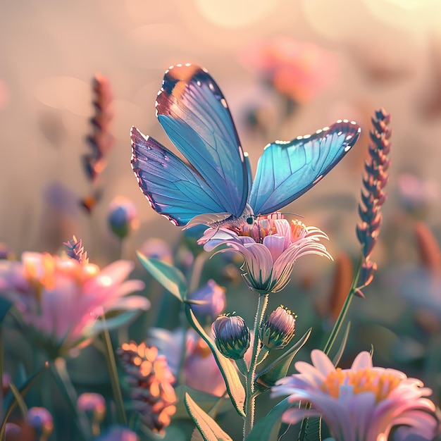 3d rendered photo of A blue butterfly is on a flower with the butterfly on it