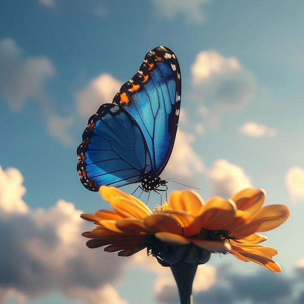 3d rendered photo of A blue butterfly is on a flower with the butterfly on it