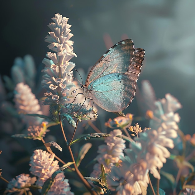 3d rendered photo of A blue butterfly is on a flower with the butterfly on it